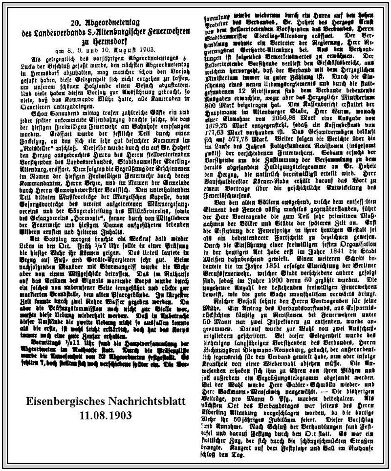 20. Abgeordnetentag des Landesverbands Sachsen-Altenburgischer Feuerwehren zu Hermsdorf am 08., 09. und 10.08.1903